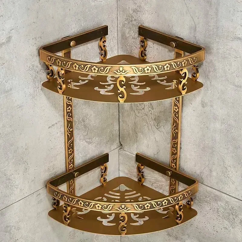 Bathroom Shelves 2 Layer Antique Metal Shower Corner Shelf Wall Mount Shampoo Storage Shelf Triangle Towel Shelf