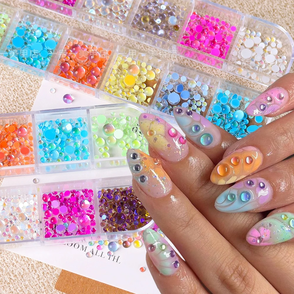 1 Box Macaron Bubble 3D Glas Kristall Nail Art Charms Gemischte Größe Funkelnde Meerjungfrau Nagelperlen Bunte Flatback Maniküre Ornamente – Detail 6
