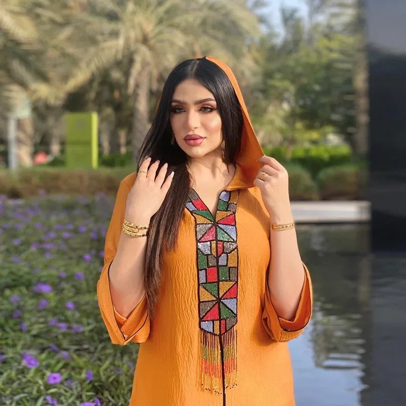 Fashion Muslim Women Clothing Ethnic Orange Hooded Hijab Dress Moroccan Kaftan Dubai Turkey Arab Oman Robe Tassel 2023