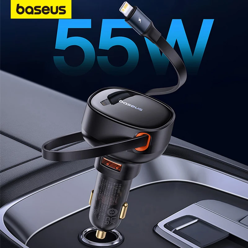  Baseus 2-in-1 Car Charger Fast Charging 30W Quick Charging PD 25W USB C Built-in Retractable Cable for iPhone MacBook Xiaomi