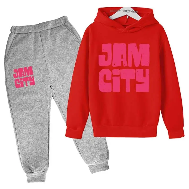 thumbnail image 1 of Conjunto de 2 piezas de chándal con capucha y pantalones para niños y niñas de 2 a 13 años, con estampado de ciudad, para primavera y otoño, 1 of 5