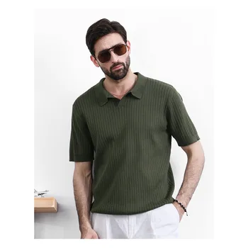 Polo da uomo in maglia a maniche corte 2026, estivo, sottile, a righe verticali, slim-fit, casual, elasticizzato