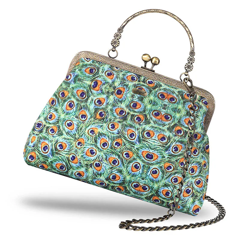 Vintage  Handbag Women Canvas Kisslock Shoulder Bag Chain Strap Retro 50s Purse Evening Party Peacock Elegant Embroidered Walle