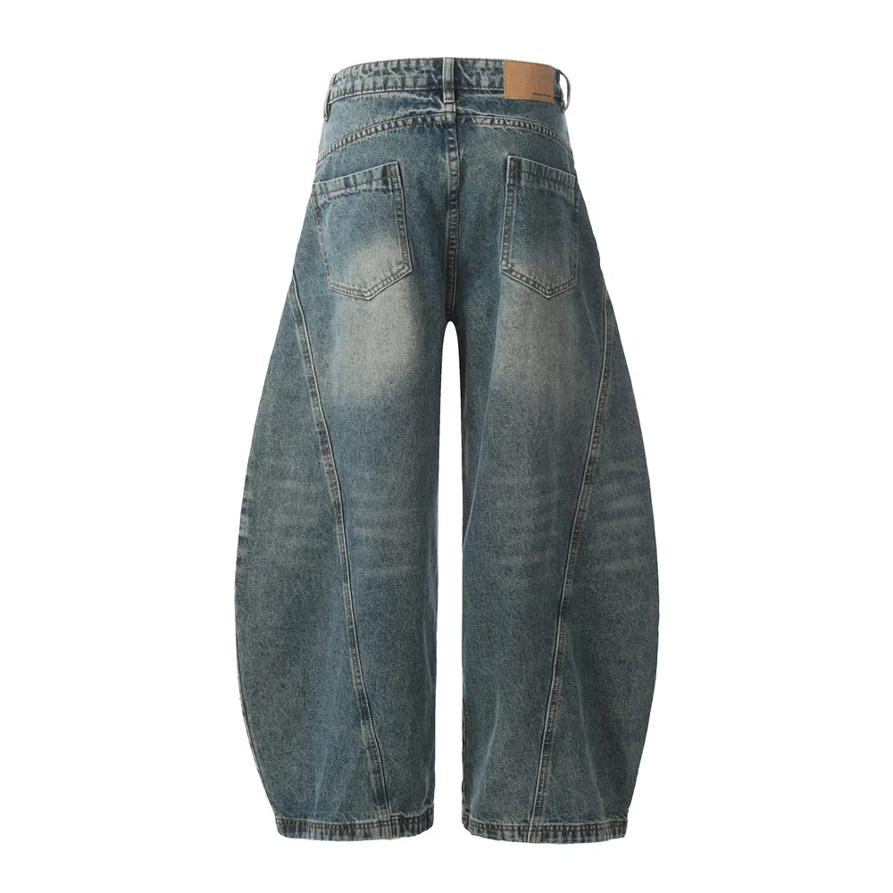 Spliced Wide Leg Jeans Mens Washed Distressed Retro High Street Loose Denim Pants Baggy Trousers Men 2