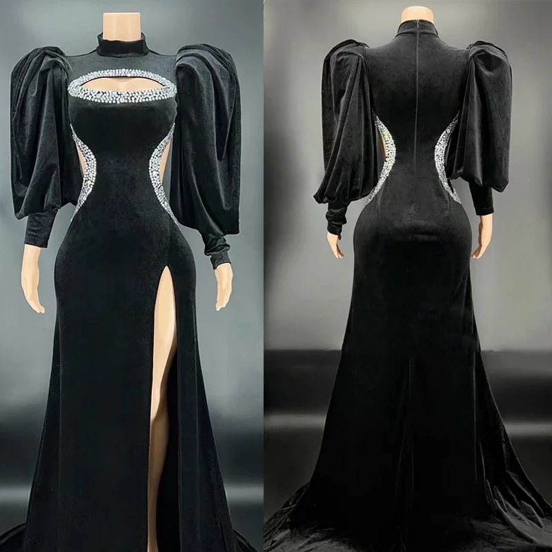 

Sparkly Long Sleeved Cutout Long Dress Black Velvet Rhinestones Dress Women Birthday Celebrate Outfit Party Costume