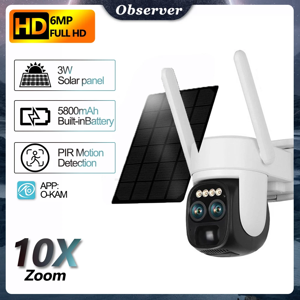 Solar Panel Home Security Cameras Dual Lens 10x Zoom Wireless Wifi Surveillance Cam Outdoor Built-in Battery Security-protection
