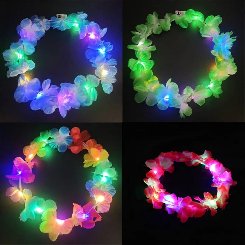 

10-30pcs LED Hawaiian Lei Floral Headband Light Up Flower Crown Glow Wreath Headband Summer Beach Pool Wedding Party Decorations