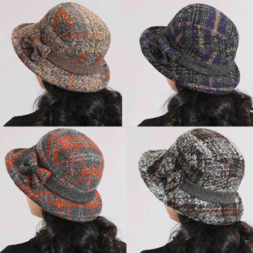 Mode Alte Dame Vintage Tweed Stricken Hut Winter Vintage Elegante Wolle Blume Filz Bowler Hüte Warme Eimer Kappe Winter Kopfschmuck – Detail 1