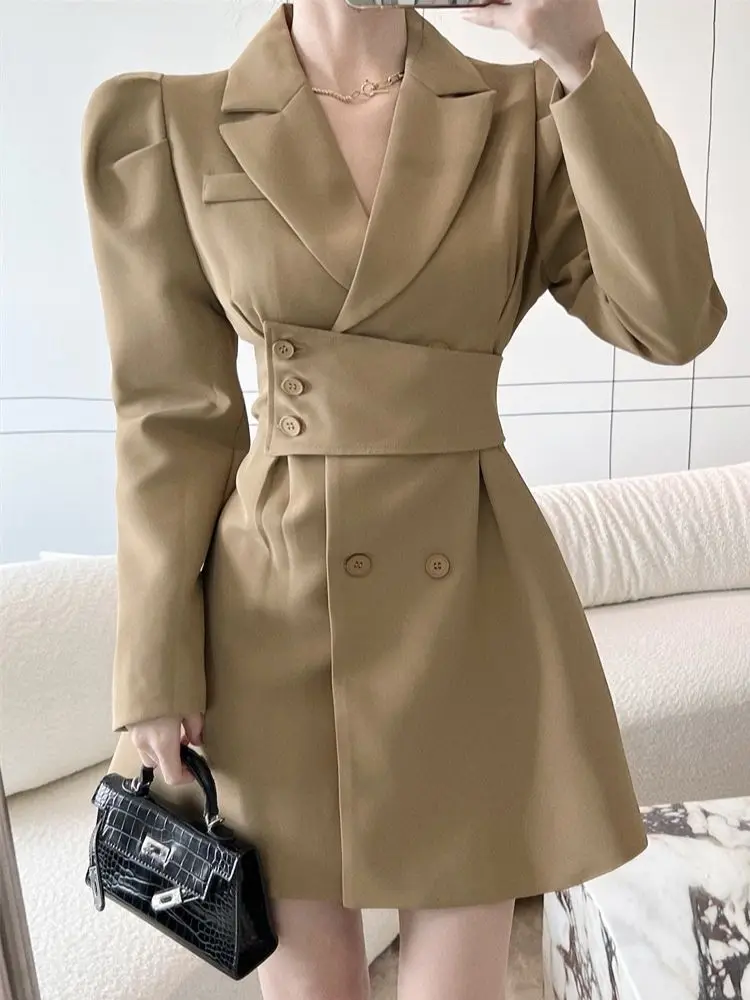 

Autumn Winter Women's Elegant Solid Blazer Notched Puff Sleeve Double Breasted Slim Mini Female Office Party Dress Vestido