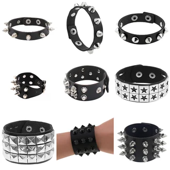Gothic Punk Hip Hop Rock Spike Rivet Stud PU Leather Wristband Bracelet Bangle