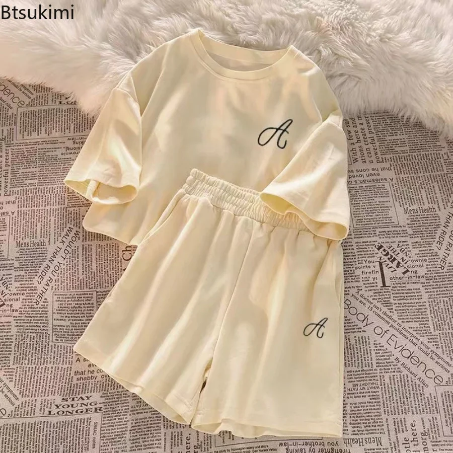 2025 여성 여름 100% 코튼 Loungewear 잠옷 티셔츠 정장 반바지 캐주얼 여성 잠옷 2 조각 Negligee 여성