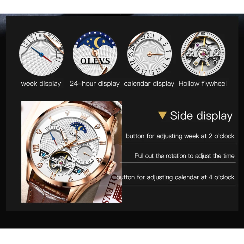 OLEVS Men Watches Top Brand Luxury Leather Tourbillon Mechanical Sport Watch For Men Fashion Date Waterproof Clock Reloj Hombre