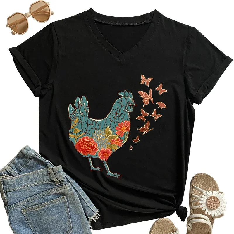 

Retro Flower Shirts for Women Vintage Chicken Graphic T Shirts Y2k Grunge Clothes Female Fashion T Shirts Casual Summer Tops Tee