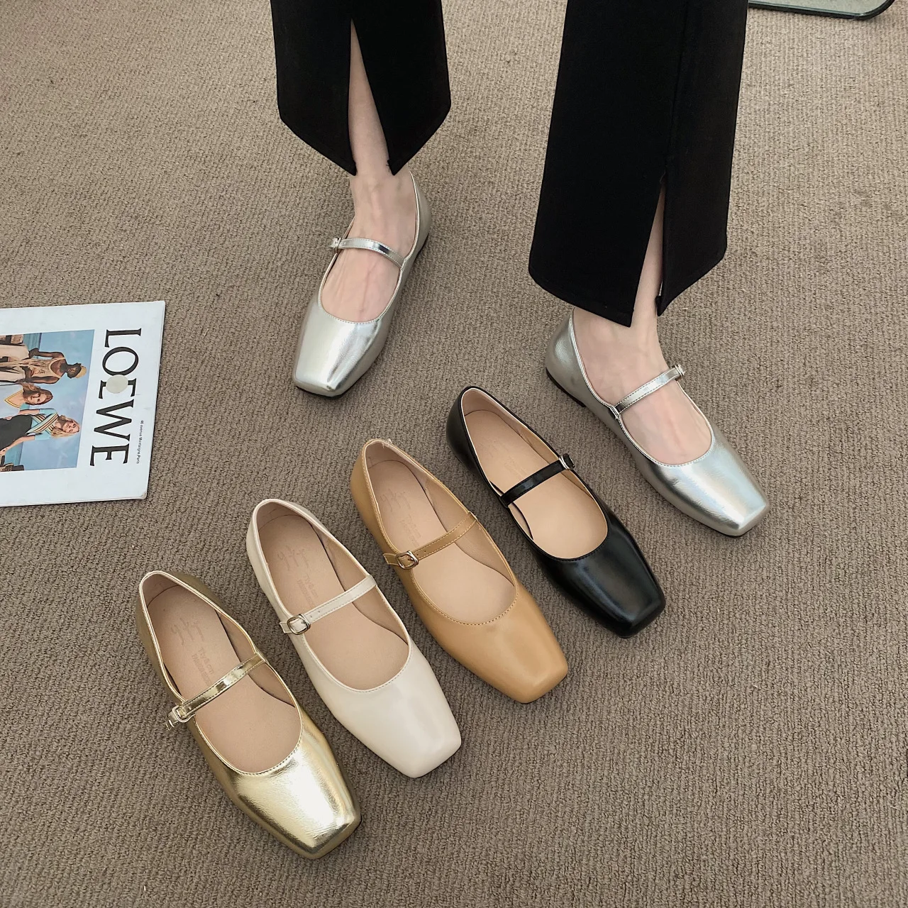 2024 Summer New Brand Women Flats Fashion Square Toe Shallow Mary Jane Shoes Soft Casual Ballet Shoes Slingback Shoes Black
