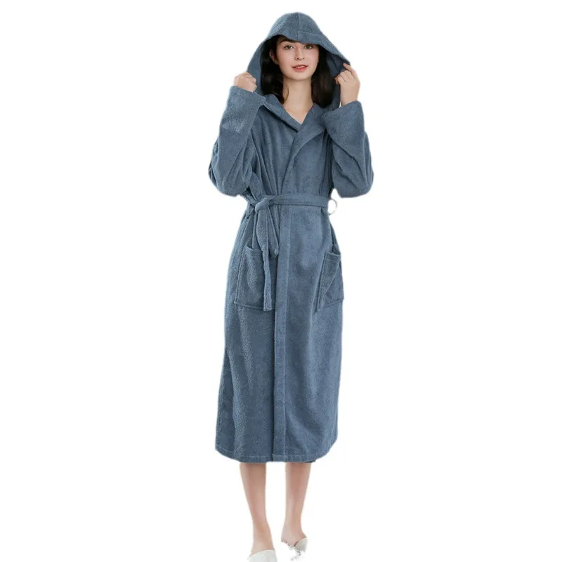 2023 New Solid Robe Hooded Women Lace Up Winter Fashion Causal Home Bathrobe Long Sleeve Men Couple Sleepwear Pajamas