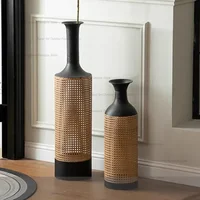 Nordic Style Floor-standing Vase Large Vintage Industrial Design Wrought Iron Hollow Vases PE Rattan Jarrones Home Decor FYVS 1
