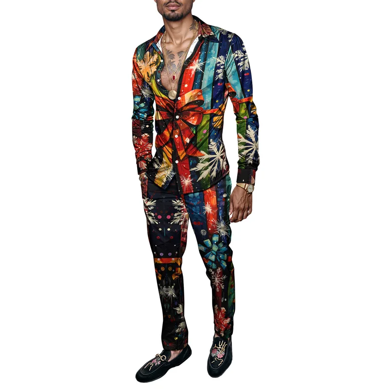 2025 Trendy Spring Summer Men Shirt Set Christmas Print Fashion Gingerbread Man Two Piece Set Mens Snowman Lightweight Party_viptrois.com