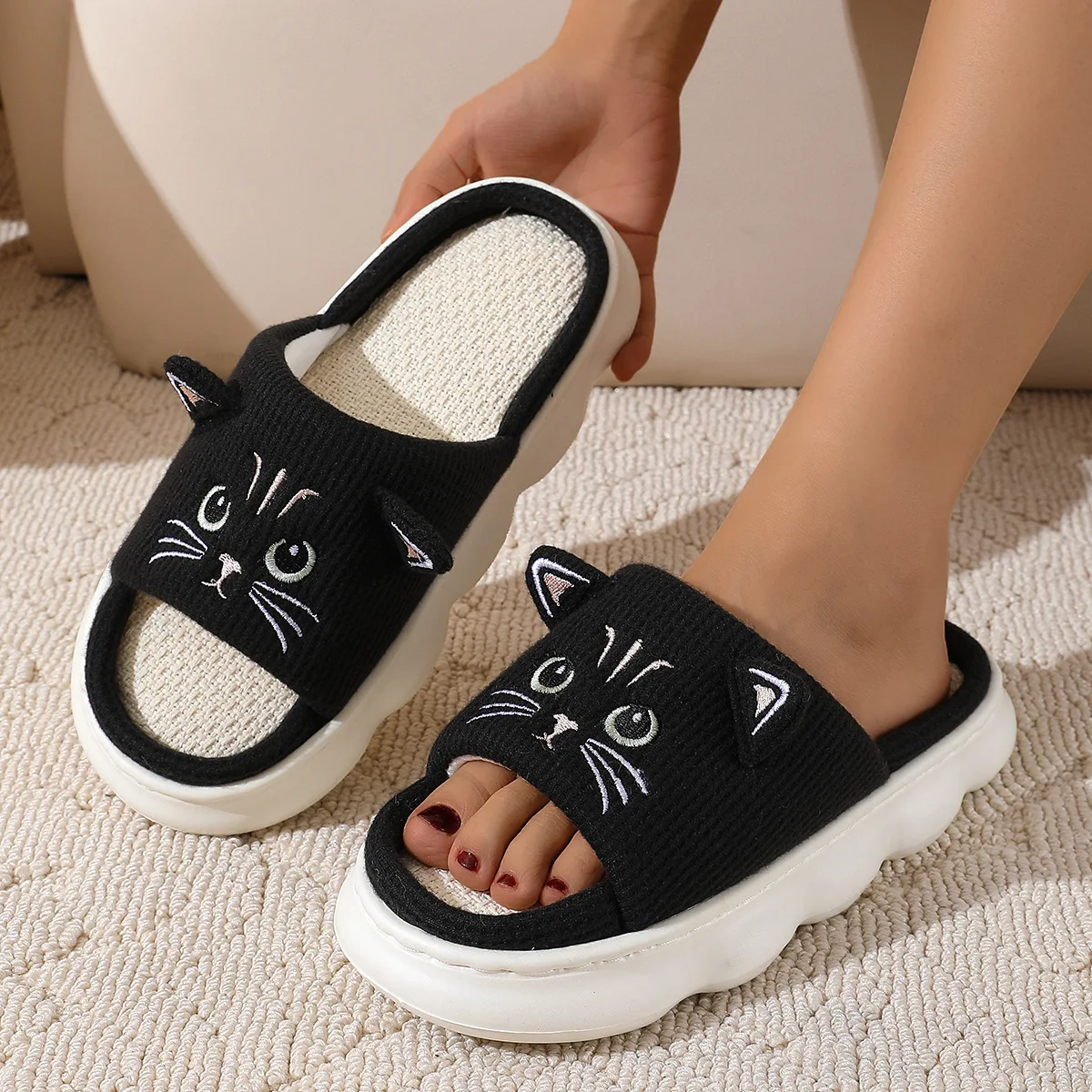 Smile 2024 Summer New Non-slip Breathable Sweat-absorbing Linen Slippers Women Thick-soled Four-season Cotton And Linen Slippers 5