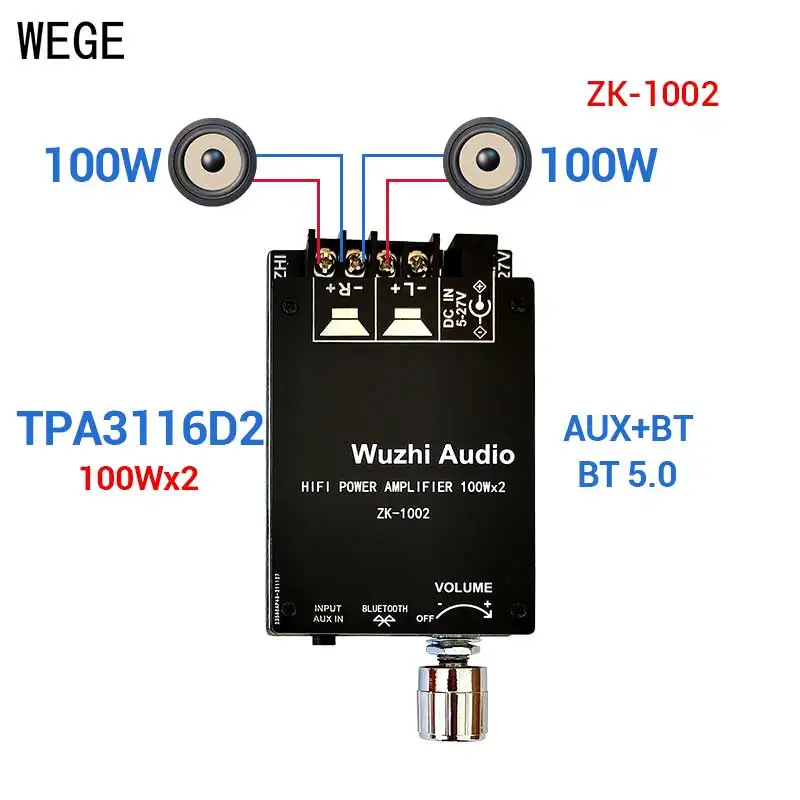 WEGE ZK-1002 1002L 2*100W TPA3116D2 BT5.0 Mini Audio Power Digital Amplifier Board HIFI 2.0 Channels AMP AUX Stereo Wuzhi Audio