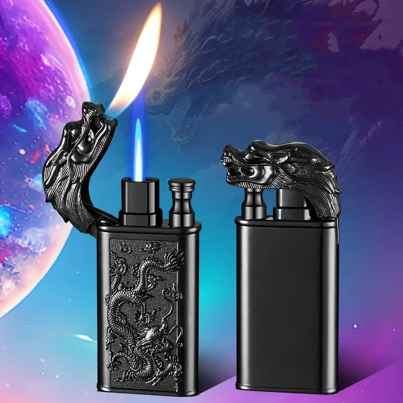 New Windproof 3D Wolf Double Flame Lighter Metal Double Flame Conversion Jet Inflatable Portable Lighter Trendy Men's Gift 3