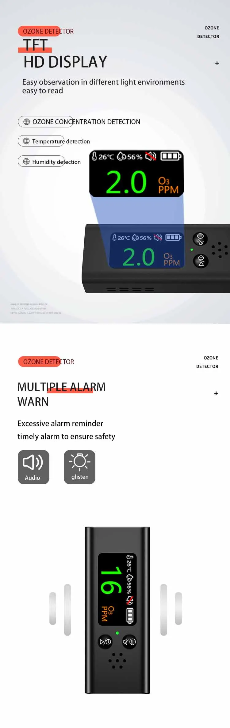 Ozone Gas Detector 3-in-1 O3 Gas/Temperature/Humidity Tester Air Quality Househo