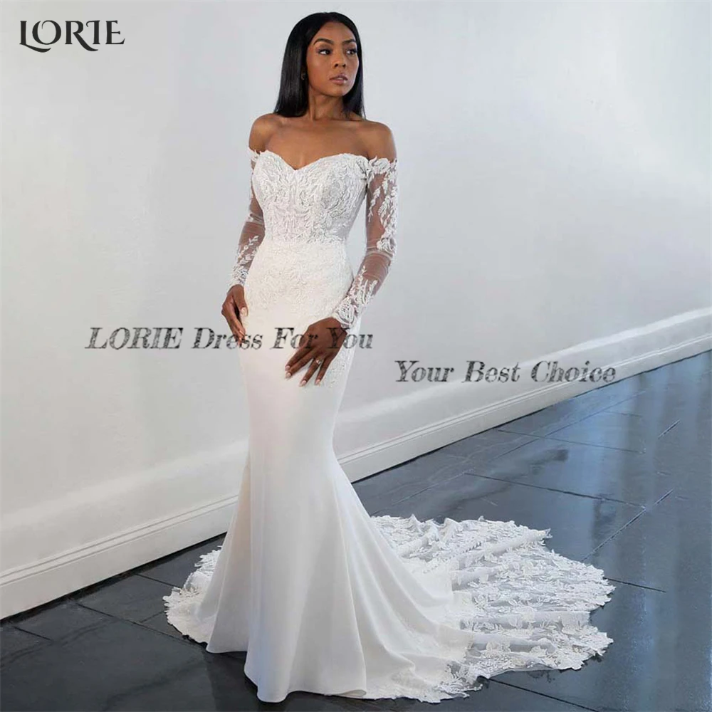 LORIE Vintage Lace Mermaid Wedding Dresses Off Shoulder Long Sleeves Appliques Bridal Gowns Backless Bodycon V-Neck Bride Dress 2