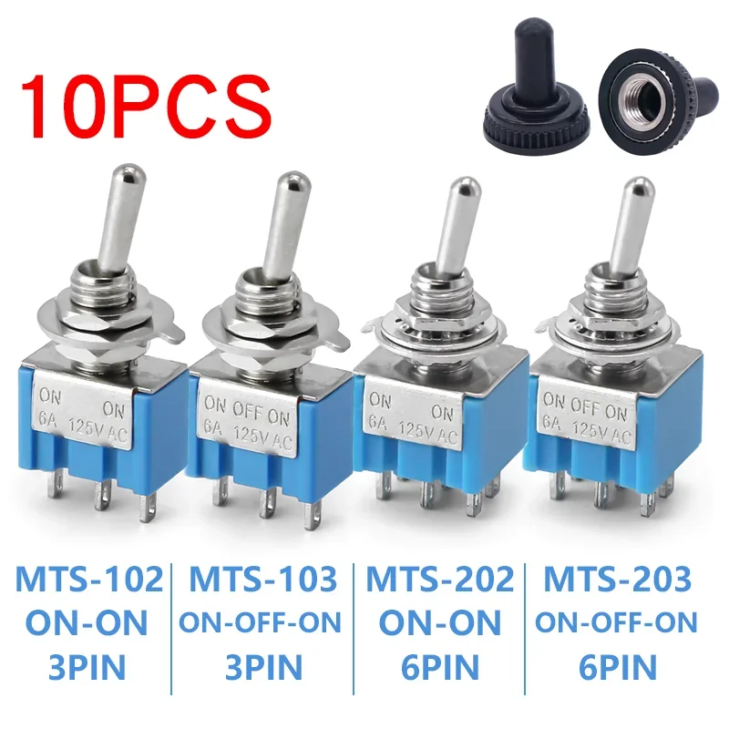 Toggle Switch 10pcs MTS-102 103 MTS-202 203 Toggle Switch 6A 125VAC on on SPDT 6mm Mini Switch DPDT off Waterproof Cap