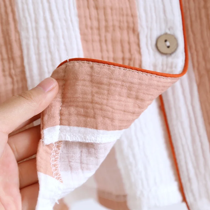 2023 New Summer Women's Pajama Set Cotton Crepe Short Sleeve Shorts Two Piece Set Vertical Striped Simple Home Furnishing