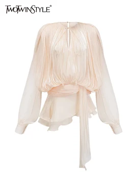 TWOTWINSTYLE Elegante Mini Abito Increspato Per Le Donne Girocollo Lanterna Manica Lunga Vita Alta Temperamento Abiti Moda Femminile 1