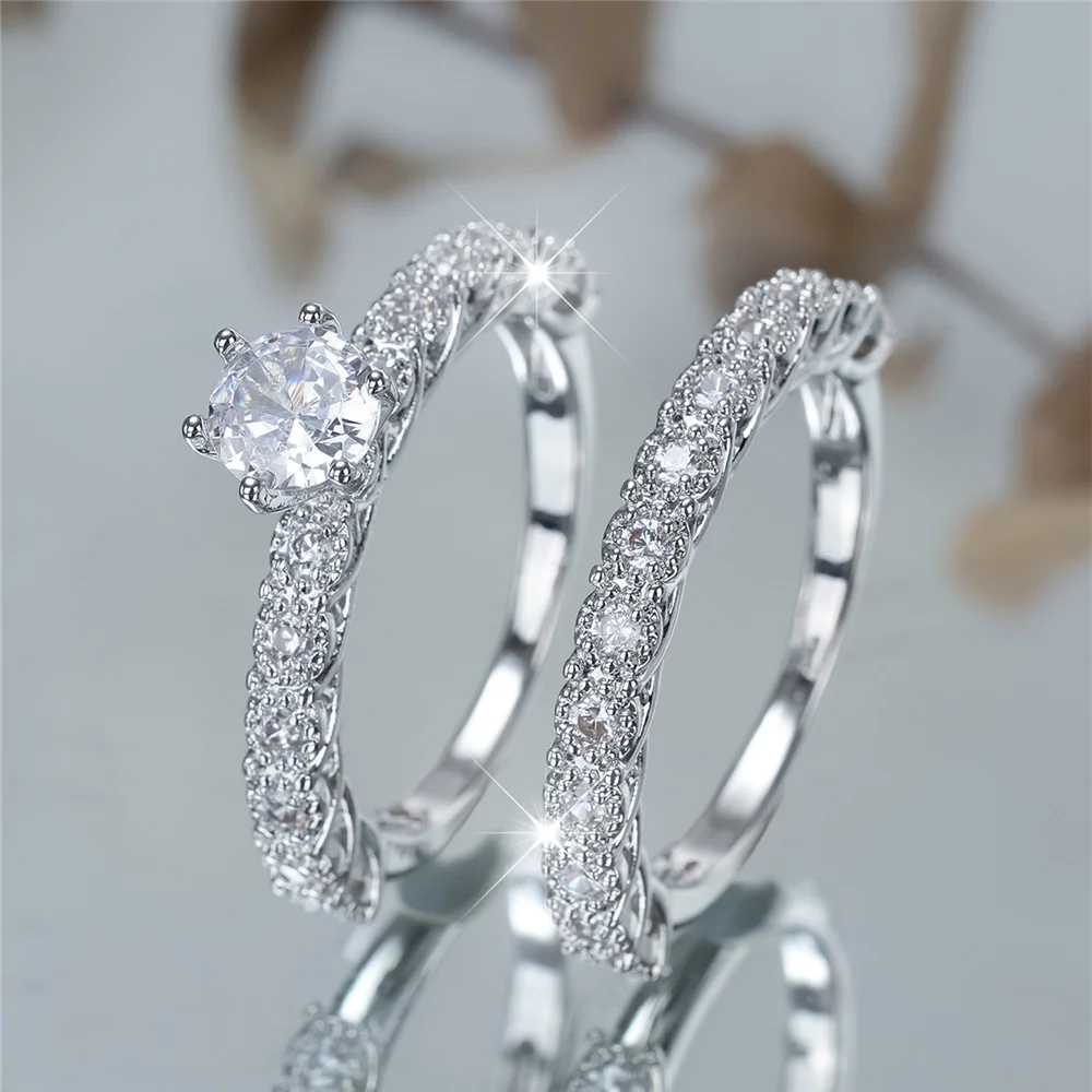 Crystal Female White Zircon Stone Ring Set Fashion Luxury Gold Silver Color Bridal Wedding Engagement Jewelry For Women