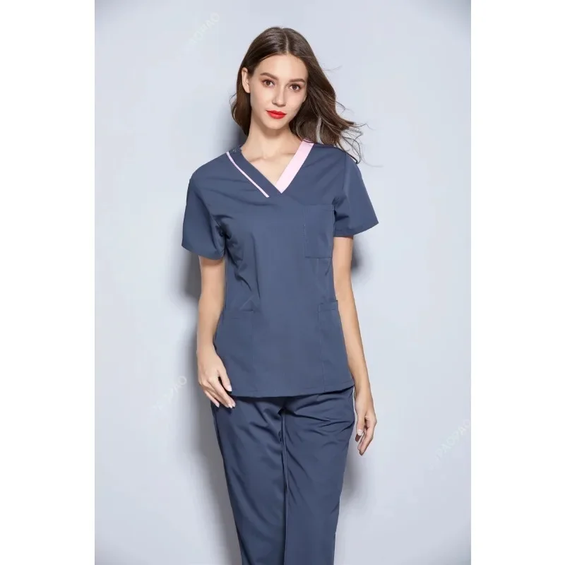 

Women's Summer Multi Colorful Fancy V Neck Short Sleeve Dental Clinic Medical Uniforms Top and Long Pant Set Workingwear