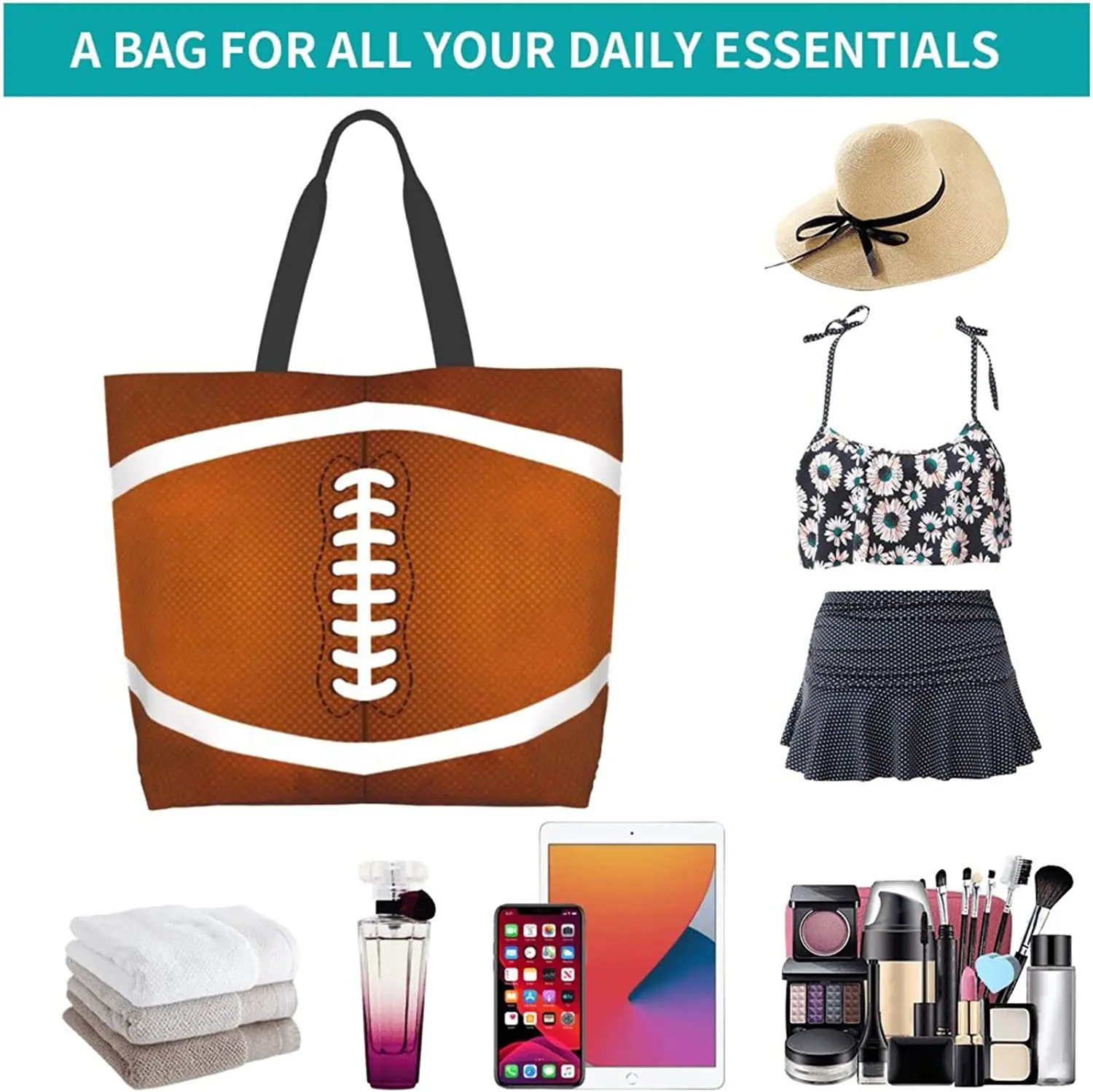 American Football  Tote Handbag Large Oversize Casual Canvas Sports Mom Beach Travel Bag 6
