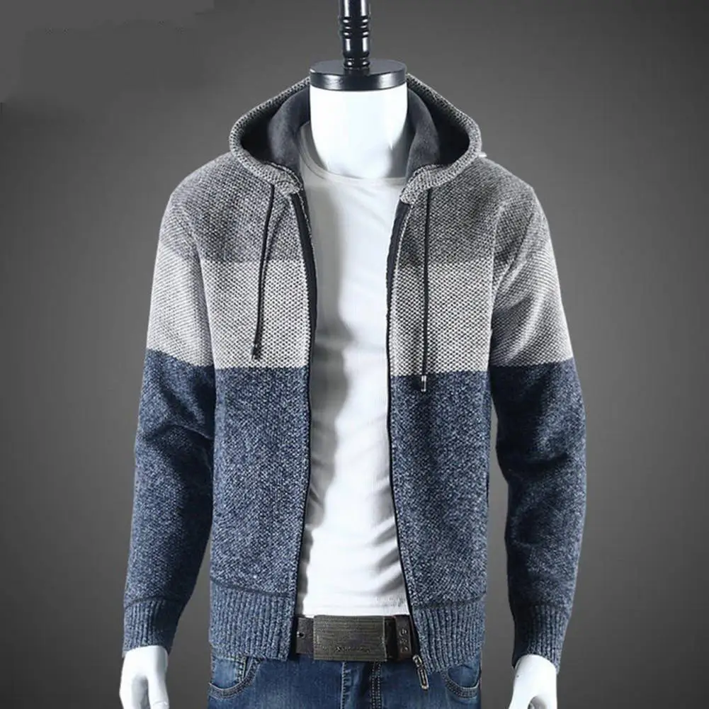 Description Picture 6 of itemMen Winter Autumn Sweater Jacket Colorblock Knitted Hooded Drawstring Thick Long Sleeve Warm Zipper Closure Men Cardigan Coat