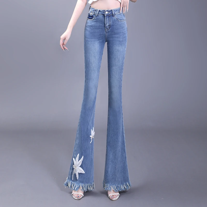 

Tassel High Waist Flared Jeans Women Plus Size Full Length Fitting Boot Cut Jeans for Women Stretchy Fashion Spring Denim Pants