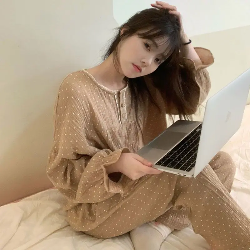 Pajama Sets Women Simple Retro Polka Dot Autumn Loose Sleepwear Korean Students Ins Long Sleeve Cozy Home Clothing Two Pieces