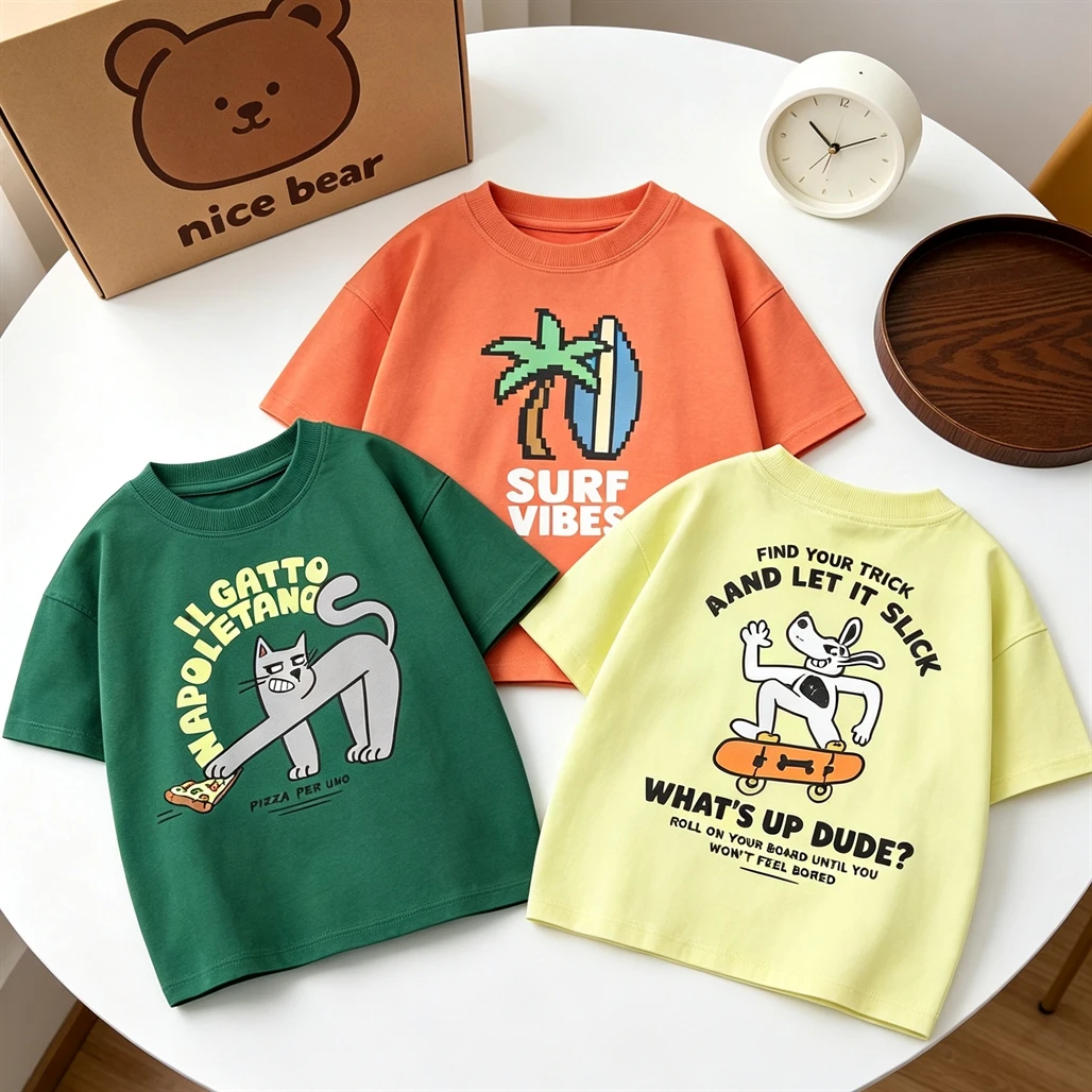 Cartoon T-shirt, casual sportswear, short-sleeved shirts, summer 2026, round-neck undershirt, lightweight children's T-shirt, vers...