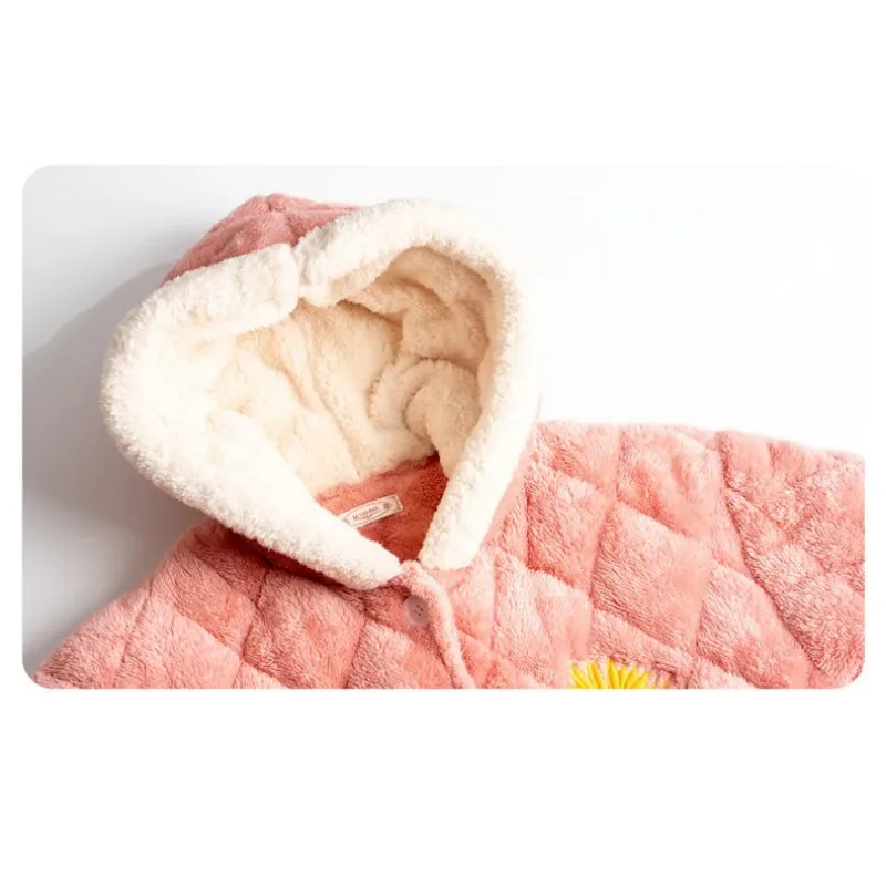 Pajamas Women's Winter Thickened Fleece Sleepwear Three-layer Cotton Loungewear Coral Velvet Warm Jacket Famale Home Wear Set