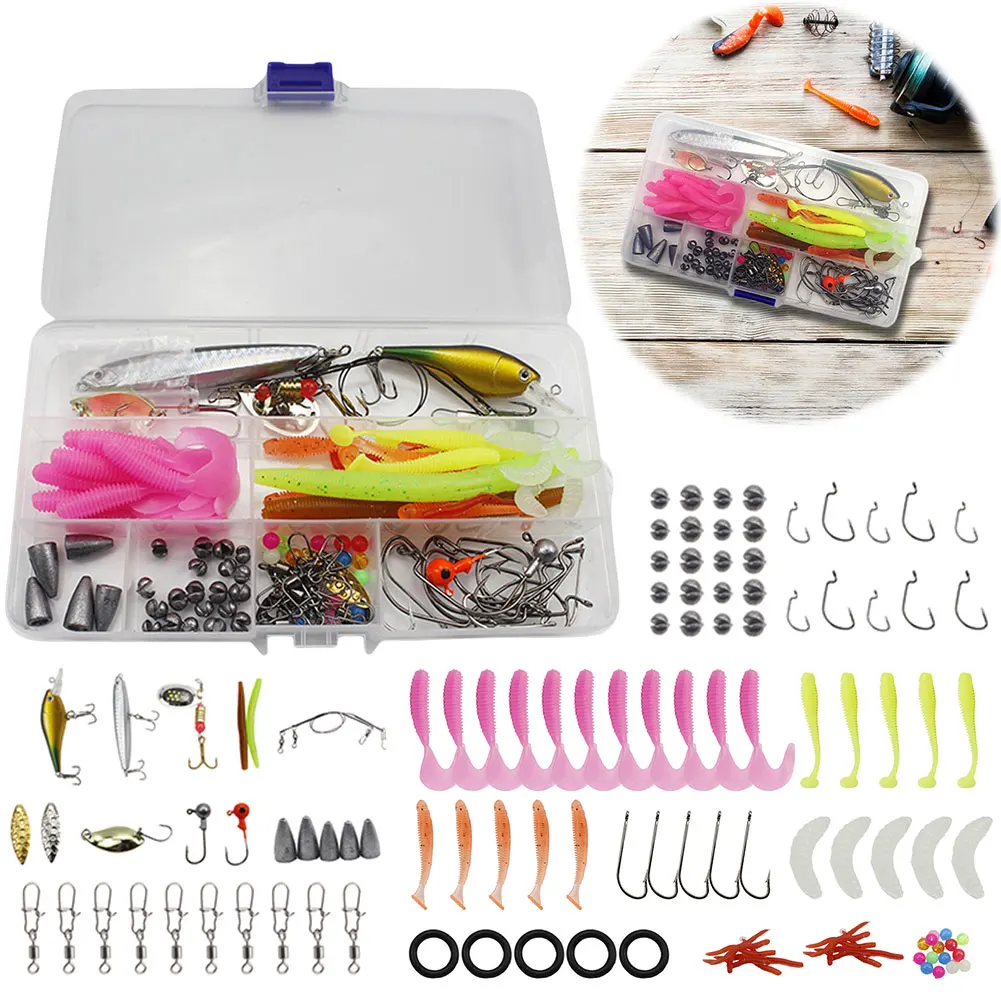 115pcs Fishing Lures Kit Soft and Hard Bait Jig Hooks Sinker Weights Fishing Accessories Gifts for Men
