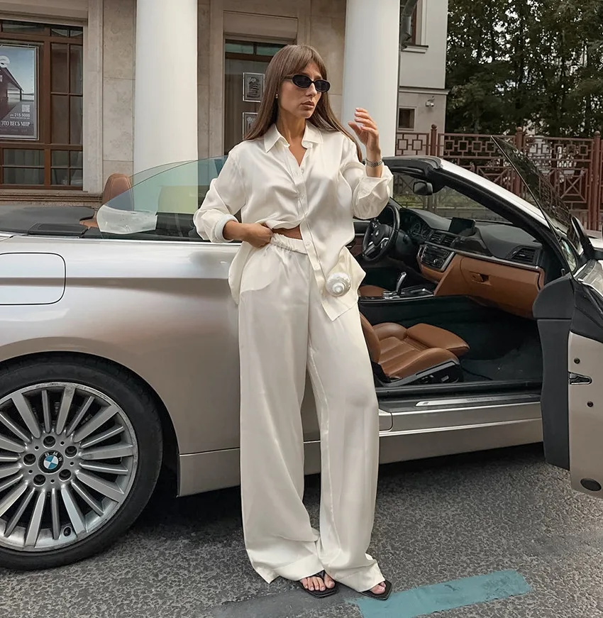 Fashion Commute 2 Piece-Set Trousers Ladies Casual Solid Shirts And High Waist Wide Leg Clothes Outfits Women's Pants Sets