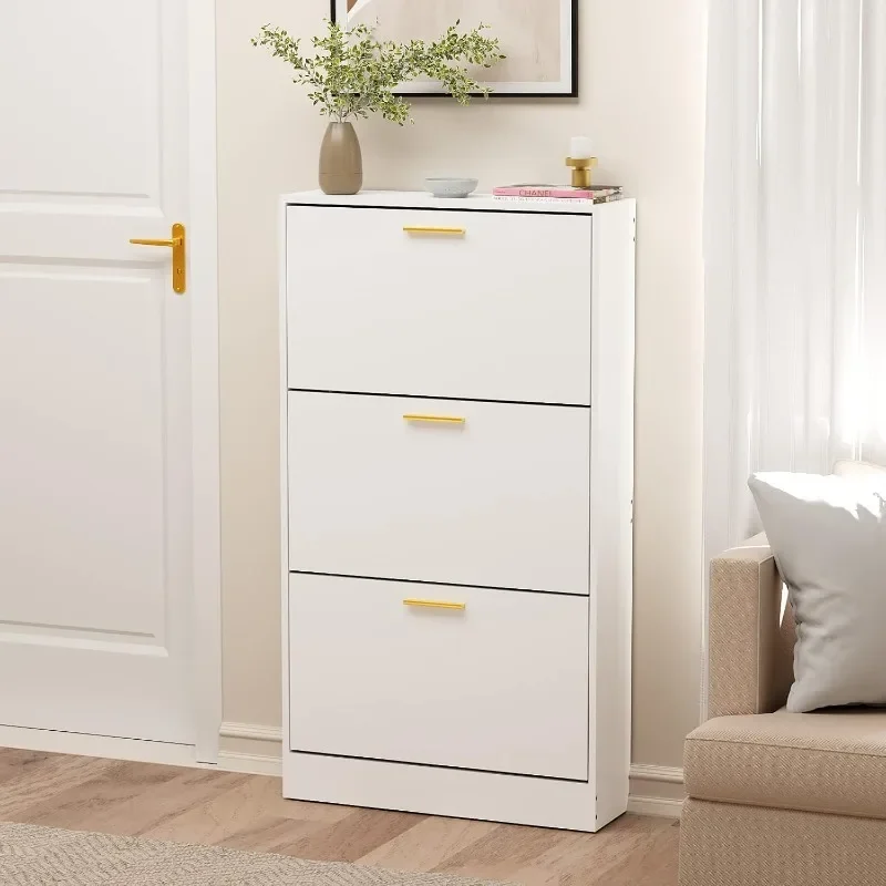 Shoe Cabinet Storage with 3 Flip Drawers for Entryway, White Slim Freestanding Modern Narrow Shoe Organizer Rack 6