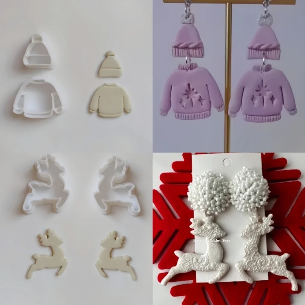 Christmas Elk House Earring Clay Cutter Bow Snowman Sweater Polymer Clay Molds Winter Holiday Tools