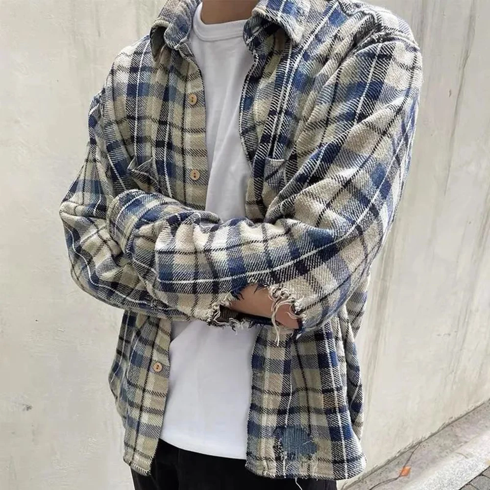 Men'S Ripped Damaged Craft Plaid Shirt 2023 Autumn Casual Comfortable Street Loose Simple Distressed Retro Long-Sleeved Jacket retro cross europe america baseball jacket men s women autumn new street eye catching fashion embossed exquisite craft jacket