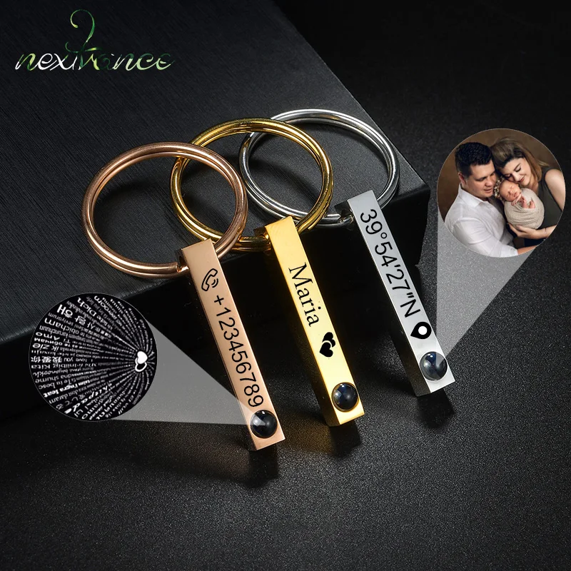 

Nextvance Projection Photo Custom Car Keychain Stainless Steel Personality Family Pet Photo Engrave Bar KeyRing Men Jewelry Gift