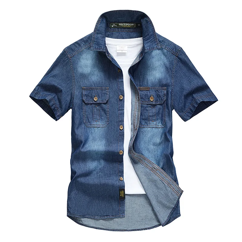 Denim Shirt Men Clothing Short Sleeve Denim Tiki Fashion Blouses Social T-shirts Luxury Hawaiian Cotton denim shirt
