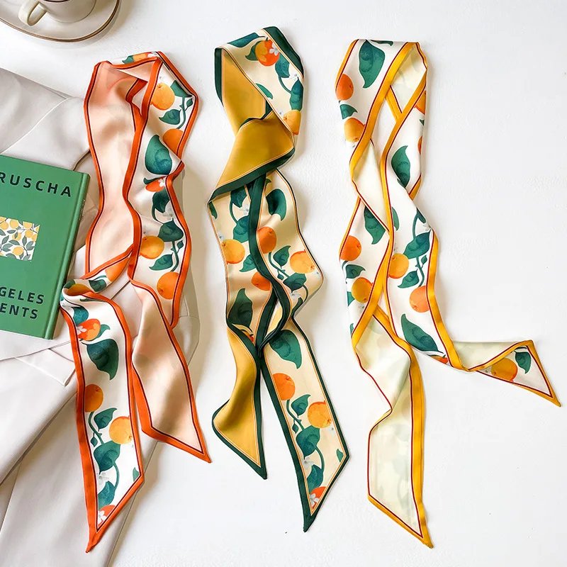 2024 New Korean Fruit Pattern Narrow Long Silk Scarf For Women With Hair Tie Scarf Professional Scarf Ribbon Tied Bag 7X130CM 2