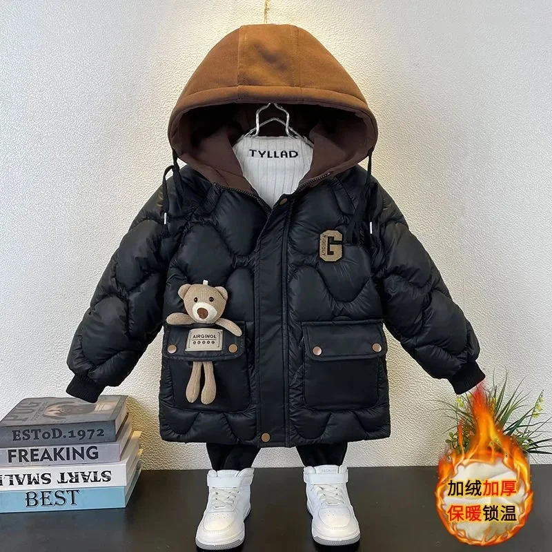 

Winter Boy Childrens Jacket Warm Fleece Lining Kids Hooded Clothes Bear Doll Toddler Baby Coat Old Black Khaki Outerwear &