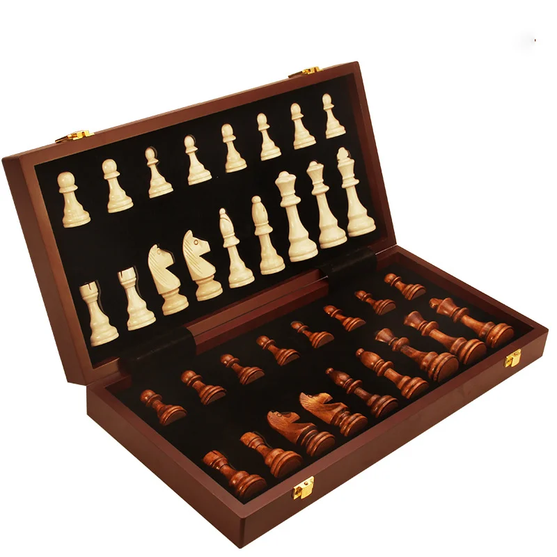 Wooden Chess Set Folding Chess Box With 34 Pieces Interior For Storage Portable Travel Board Game Set For Kid