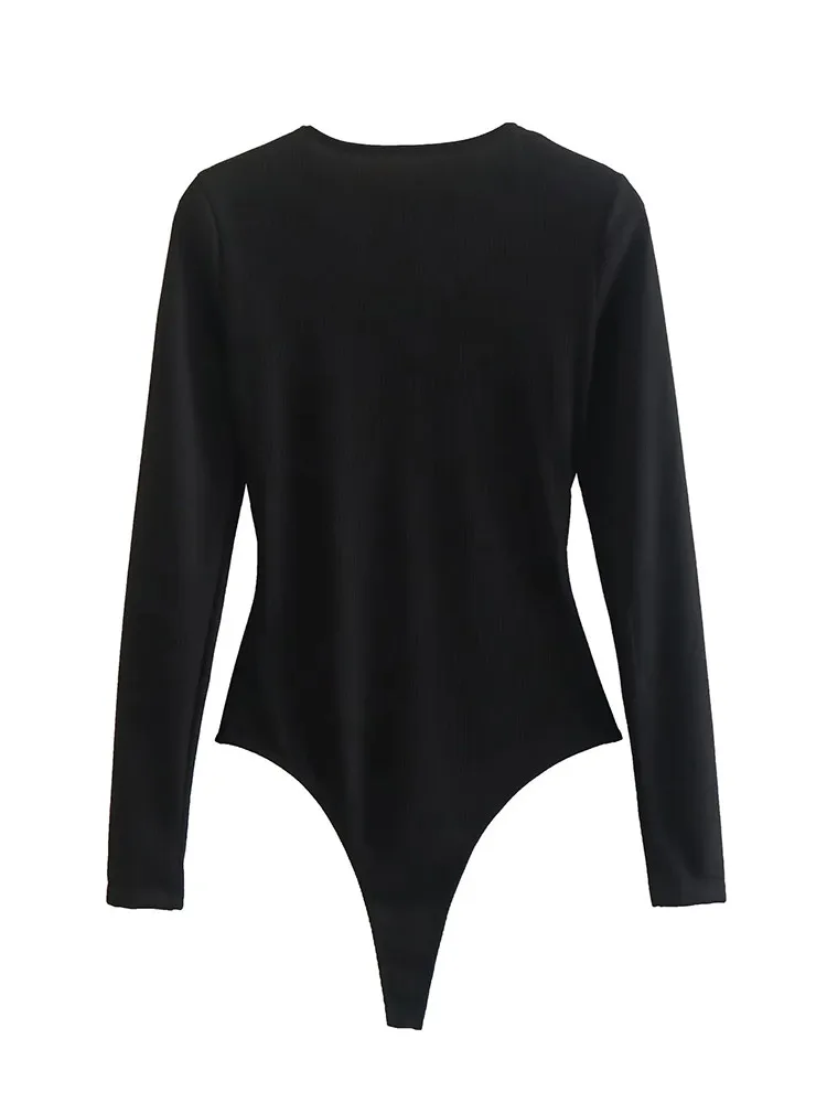 ECR Sexy Hollow Out Palysuits For Women V Neck Long Sleeve Solid Slimming High Waist Minimalist Summer Playsuits Female Fashion