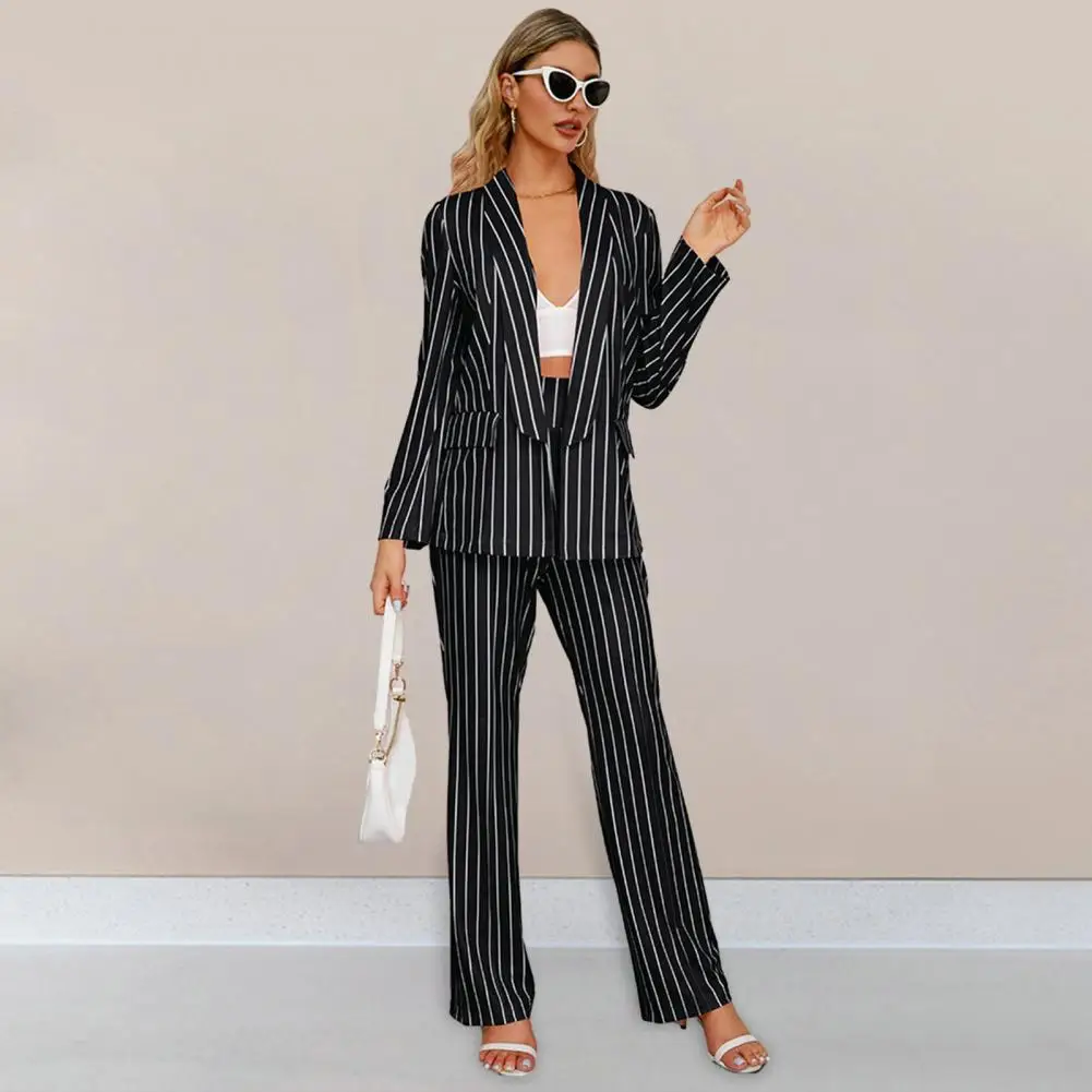 

2 Pcs/Set Women Coat Pants Suit Striped Lapel Pockets Long Sleeve Formal Business Style Mid Length Coat High Waist Wide Leg Pant