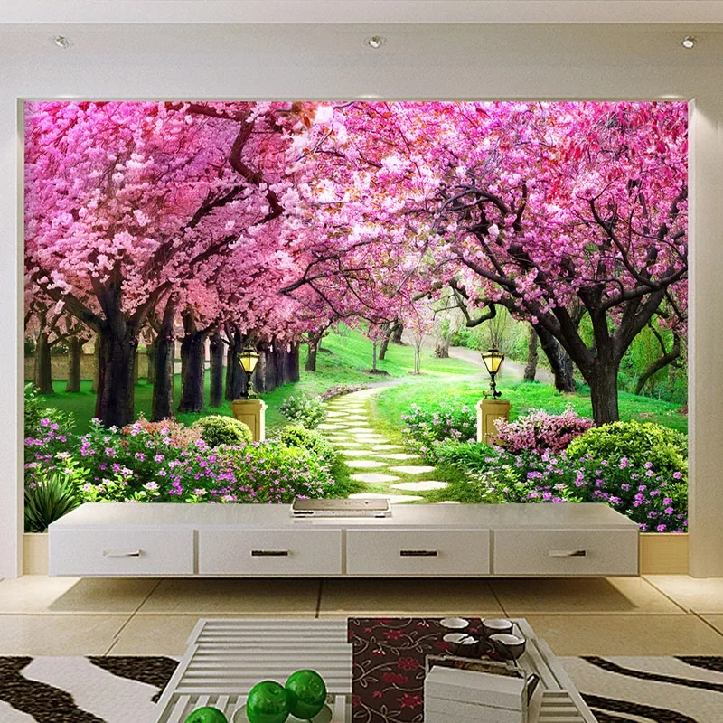 Papel de Parede 3d Personalizado Estilo Árvore de Cerejeira Caminho de Jardim Cenário Mural de Parede para Sala de Estar Quarto Floral 3d